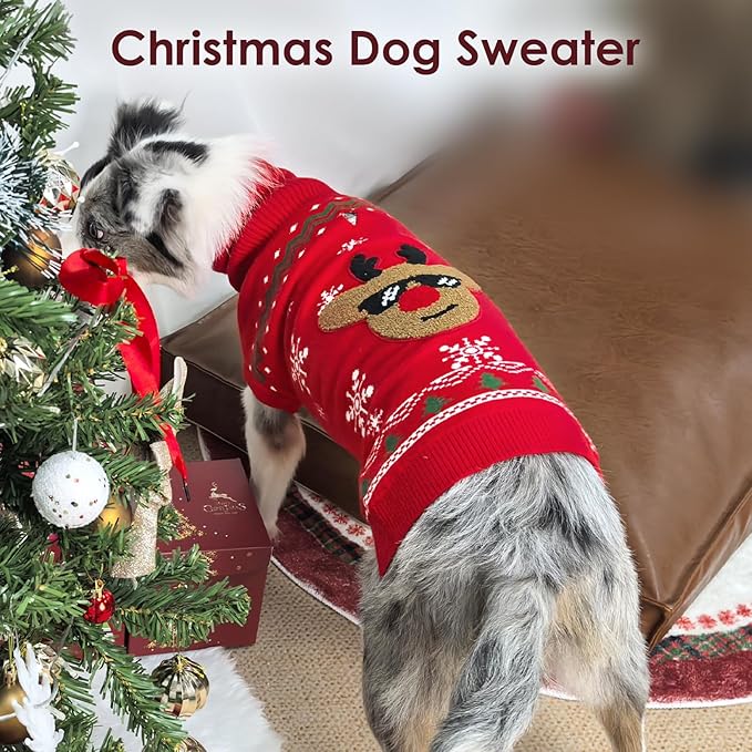 Dog Sweater Christmas, Red Warm Knit Sweaters for Medium and Large Dogs, Winter Dog Clothes for Cold Weather, Reindeer Holiday Festival Pet Outfit