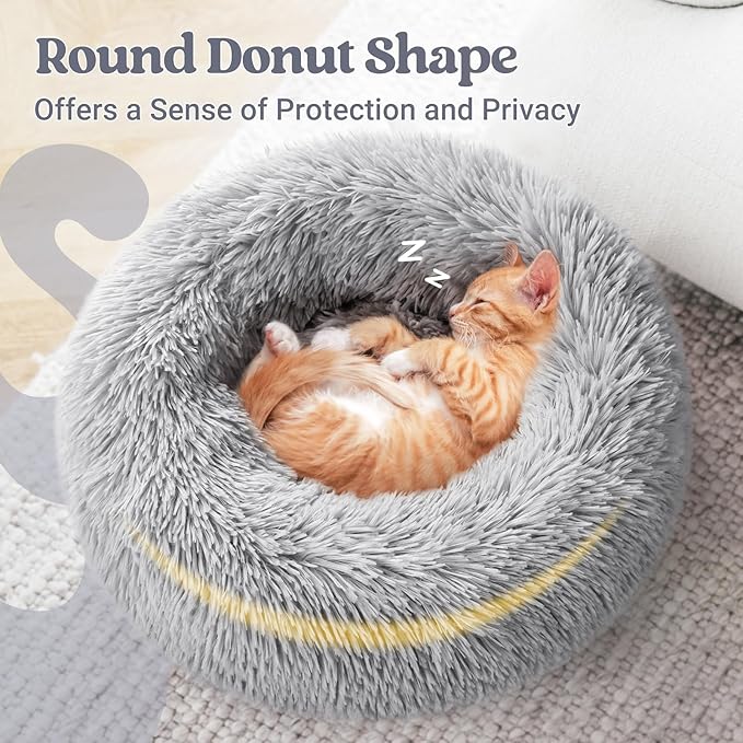 rabbitgoo Cat Beds for Indoor, 20 inches Machine Washable, Fluffy Round Pet Bed Non-Slip, Calming Soft Plush Donut Cuddler Cushion Self Warming for Small Dogs Kittens, Light Grey, Medium
