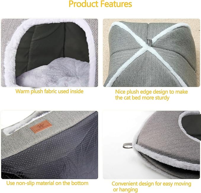 Cat Bed for Indoor Cats - Cat Cave Bed Cat House Cat Tent with Removable Washable Cushioned Pillow, Soft and Self Warming Kitten beds,Cat Beds & Furniture （Large Grey）