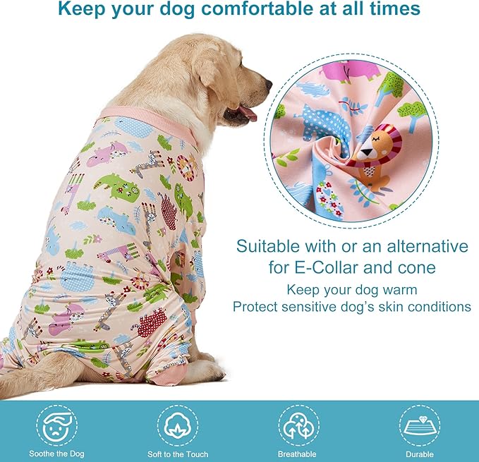 LovinPet Large Dog Pajamas, Pajamas for Large Dogs, Slim Fit, Lightweight Pullover Dog PJ's, Full Coverage, Animals Allover Pink Print, Pitbull Onesie, L