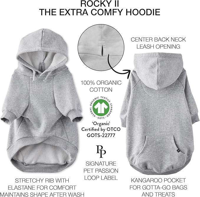 Rocky II - The Extra Comfy Hoodie, Organic Cotton and Recycled Poly Dog Hoodie Pet Coat Sweater for Small, Medium, Large Dogs, Heather Gray, X-Large
