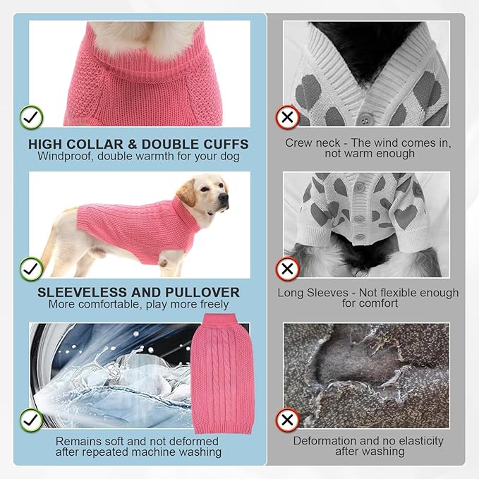 XXL Dog Sweater, Classic Cable Knit Warm Dog Sweatshirt with Reflective Yarn for Girl Boy, Halloween Fall Winter Coat Turtleneck Pullover Clothes Apparel for Small Medium Large Dogs (Pink XXL)