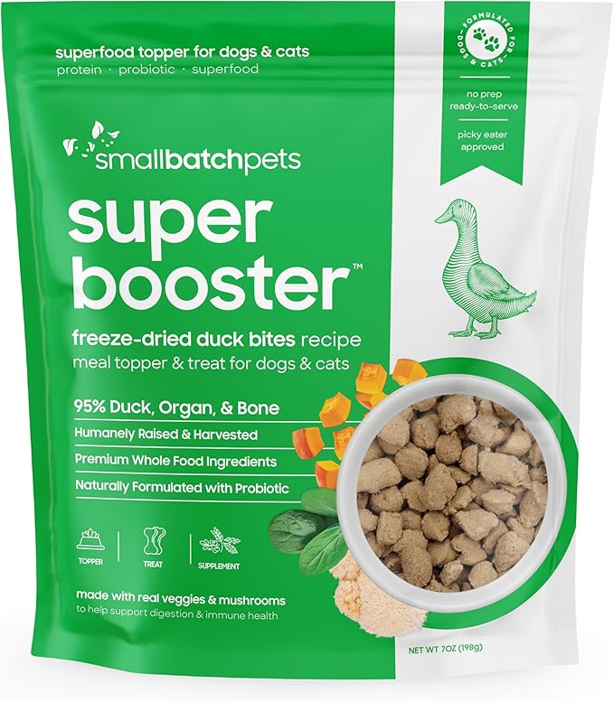smallbatch Freeze Dried Dog Treats, Superfood Food Topper Duck Bites for Dogs & Cats, Probiotics, Organic Ingredients, High Protein, Grain Free Healthy Treat or Food Topper, Made in The USA, 7 oz Bag