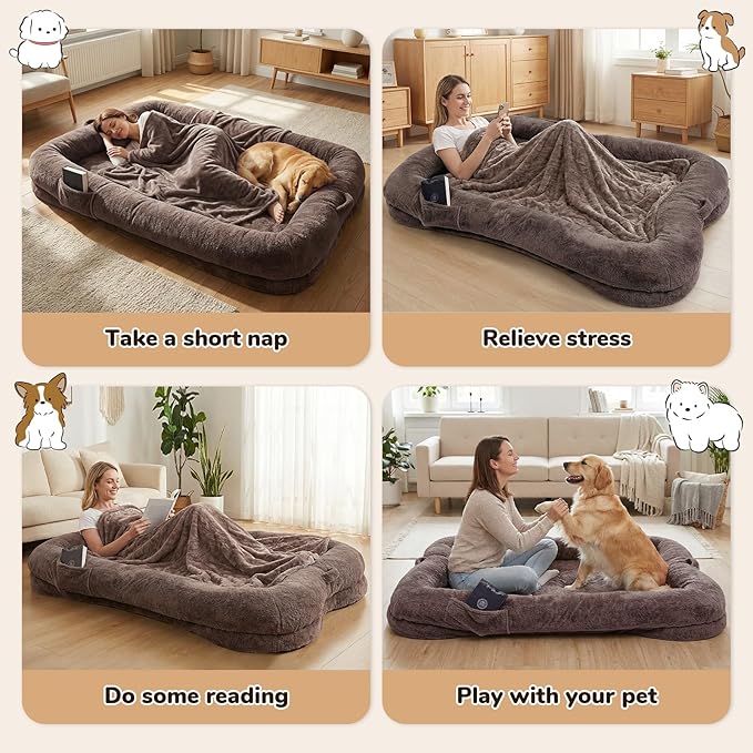 ZOMEYLPO Human Dog Bed, 71 x 47 x 12 in Washable Extra Large Dog Bed for People, Giant DogBed with Storage Pockets, Brown