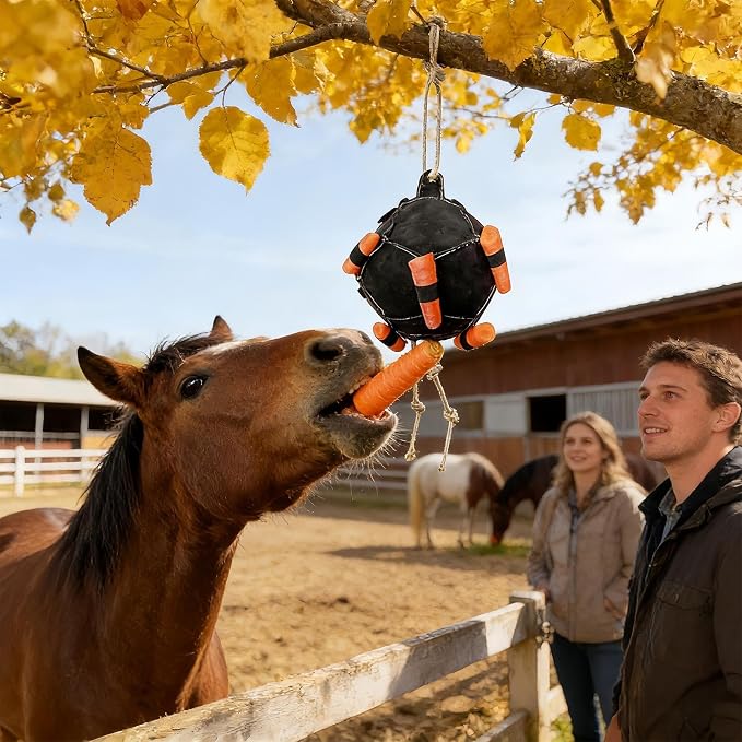 Horse Treat Ball, Hay Ball Stable Toys for Horses, Interactive Training Hay Feeder, Carrot Dispenser Feeder, Hanging Slow Feeding Toy with Rope, for Goat Livestock Sheep Cow Cattle