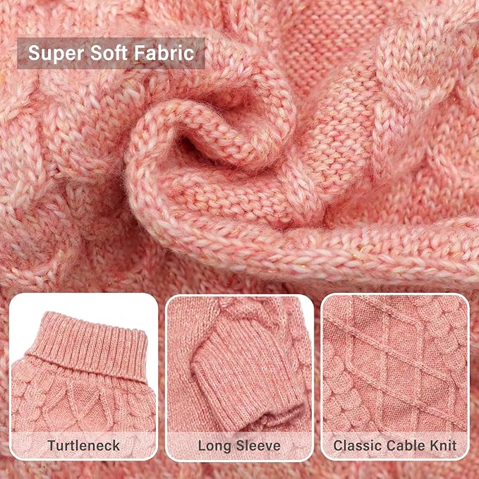 KYEESE Dog Sweater for Small Dogs, Classic Cable Knit Pets Sweater for Small Pet Stretchy Dog Coats Turtleneck Pet Sweater with Long Sleeve Dogs Clothes for Cold Weather, Pink, Large
