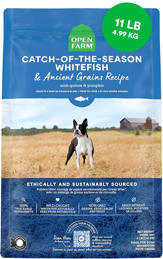 Open Farm, Ancient Grains Dry Dog Food, Protein-Rich & Nutrient Dense, 90% Animal Protein Mixed with Non-GMO Fruits, Veggies and Superfoods, Catch-of-The-Season Whitefish Recipe, 11lb Bag