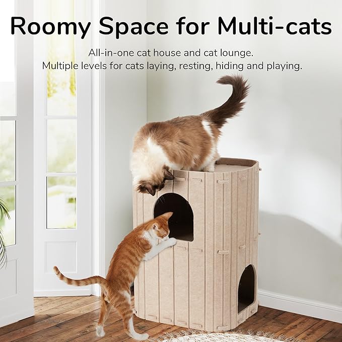 FUKUMARU Cat House for Indoor Cats, 2-Storey Large Cat Bed Cave, Cozy Felt Covered Cats Tunnel Condo Hideaway for Multicats, 17.72x14.37x23.62 inches, Beige
