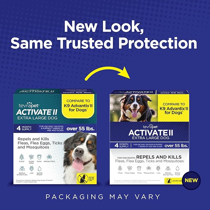 TevraPet Activate II Flea and Tick Prevention for Dogs | 4 Count | Extra Large Dogs 55+ lbs | Topical Drops | 4 Months Flea Treatment