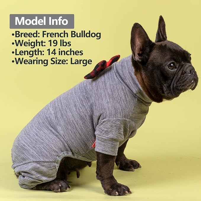 KYEESE Dog Coats Turtleneck Stretchy Dog Pajamas Super Soft Warm Material Dogs Sweater with Bowtie Pet Onesie for Small Dogs Cold Weather Coat, Grey,L
