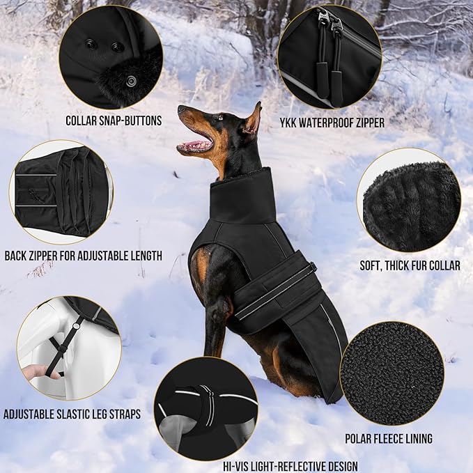 OneTigris Dog Coat Waterproof Dog Jacket with Adjustable Buckle Hook & Loop Windproof Cold Weather Coats for Small Medium Large Dogs (Black, Medium)