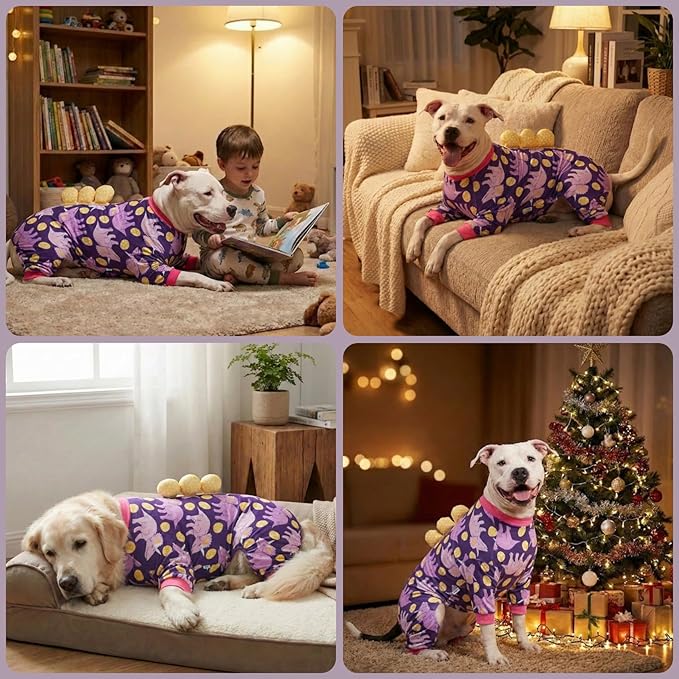 LovinPet Large Dog Pajamas, Four-Leg Stretch Onesie Bodysuit, Lightweight UV-Shielding Pajamas, Anti-Lick Calming Recovery Suit for Surgery, 3D Dino Egg Spikes, Easy on/Off， Purple， XXL
