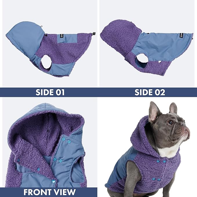 Spark Paws Reversible Fleece Dog Jacket, Hooded Sweater Vest, Warm Coat for Winter - Suitable for Small Medium Large XL XXL Dogs - Purple and Navy Blue - 3XL