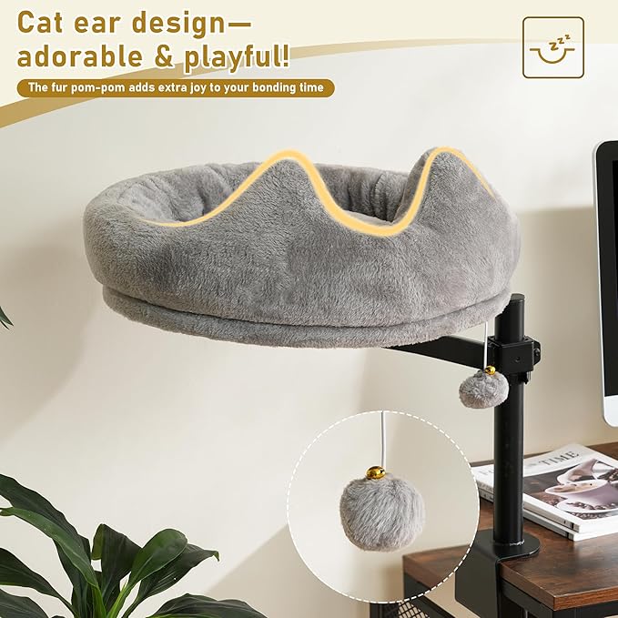 AurnaGle Cat Desk Bed, 360° Rotating & Adjustable & Lock Cats Bed for Desk, Grey Soft with Long Plush Fabric Mat, Modern Indoor Cat Nest Furniture for Office Desks and Game Tables, Island Table