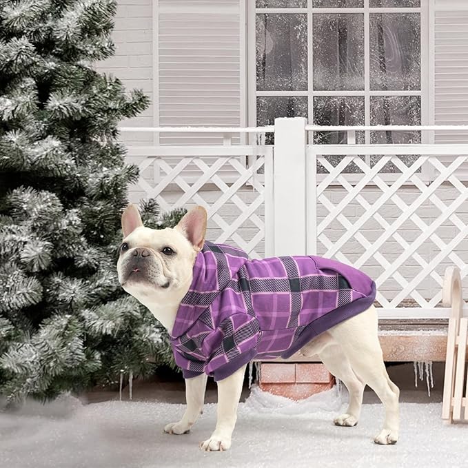 KOOLTAIL Plaid Dog Hoodie for Small Medium Large Dogs - Pet Clothes Sweater with Hat and Pocket for Cold Weather Winter, Warm Soft Dog Hooded Sweatshirt Coat Outfit for Puppy Cats Girls Boys Purple SM