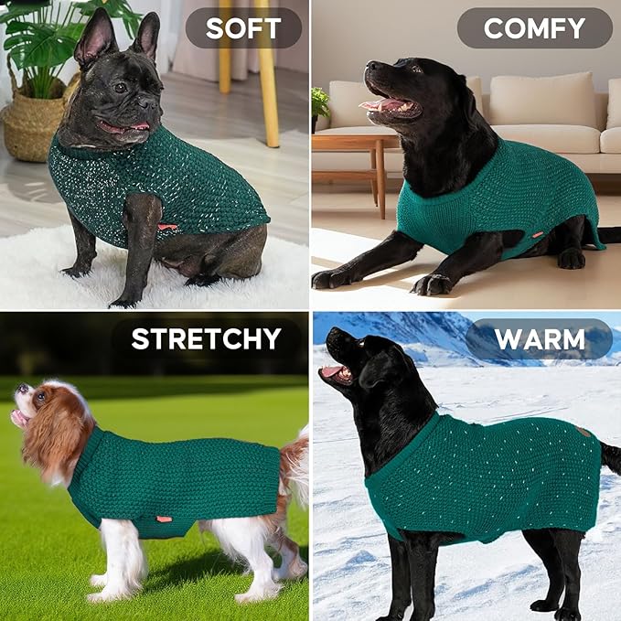 KYEESE Dog Sweater with Leash Hole for Small Dogs Male Warm Pullover with Reflective Thread Soft Knitwear Boy Dog Clothes Cozy Lightweight Thick Sweater Pet Indoor Outdoor Wear,Green,X-Small