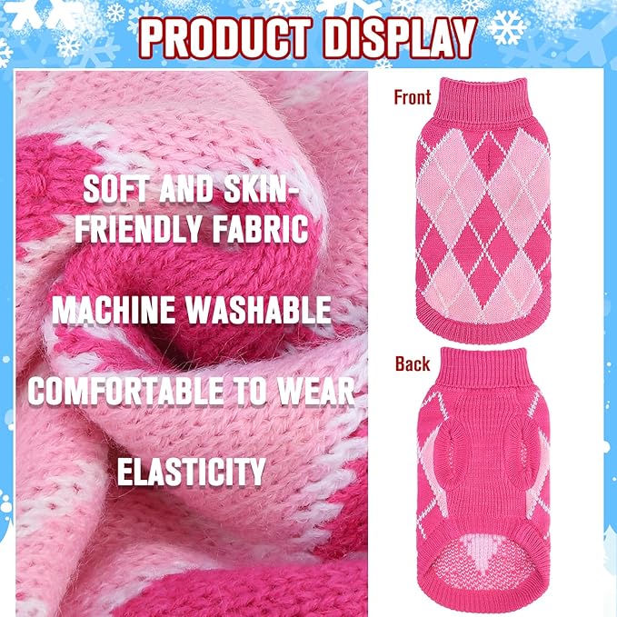 KOOLTAIL Small Dog Sweater, Knit Turtleneck Cold Weather Dog Sweaters for Medium Large Dogs, Soft Diamond Plaid Pullover Knitwear Pet Winter Warm Clothes,Pet Coat Puppy Sweater for Girls Boys,Pink S
