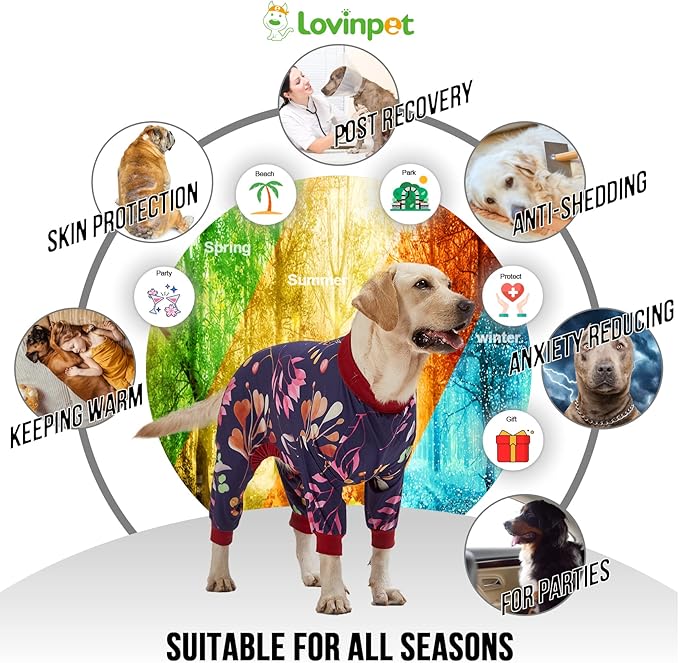 LovinPet Dog Clothing, Navy Berries Print, Large Weimaraner Jammies, Weimaraner Protective Clothing, Lightweight Pullover Dog Pajamas, Full Coverage Weimaraner Pajamas /3XL