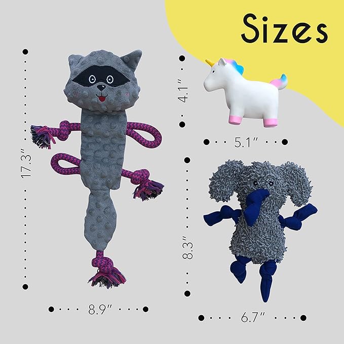rocket & rex Dog Chew Toy Set for Small to Medium Breeds, Includes a Stuffing Free Rope, Rubber Squeaker and Plush Toy, Reduces Destructive Chewing & Anxiety (Pack of 3)