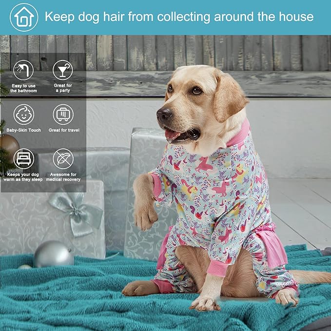 LovinPet Large Breed Dog Pajamas Onesie, Lightweight Stretchy Knit Dog Jammies, Unicorn Seafoam Print, Stop Shedding for Dogs, Pet Pajamas for Dogs, Pet PJ's, 2XL