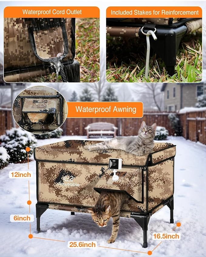 Indestructible Heated Cat House with Pet Camera for Outside Winter, 100% Waterproof, Escape Door, Insulated Outdoor Cat Shelter with Heater for Feral Barn Cat Kitty (Desert Camouflage, 25.5"x16"x18")