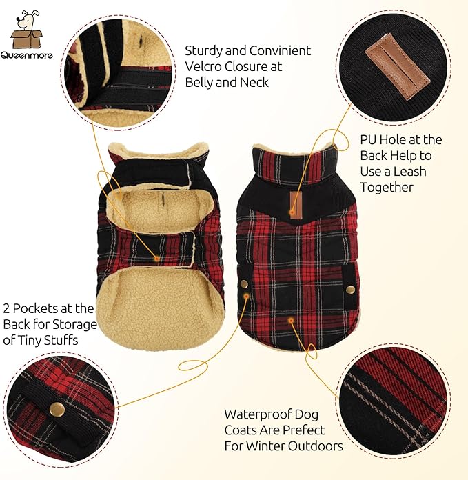 Queenmore Dog Winter Coat Warm Dog Jacket for Cold Weather, Quilting Puffer Plaid Coats for Small/Medium Dogs Waterproof,Girl/Boy Pet Christmas Coat,Pet Snowsuit with Leash Hole/Fleece Padding, XS