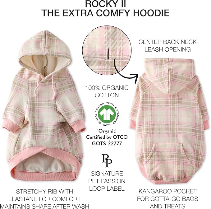 Rocky II - The Extra Comfy Hoodie, Organic Cotton and Recycled Poly Dog Hoodie Pet Coat Sweater for Small, Medium, Large Dogs, Pink Chesterfield Plaid, Medium