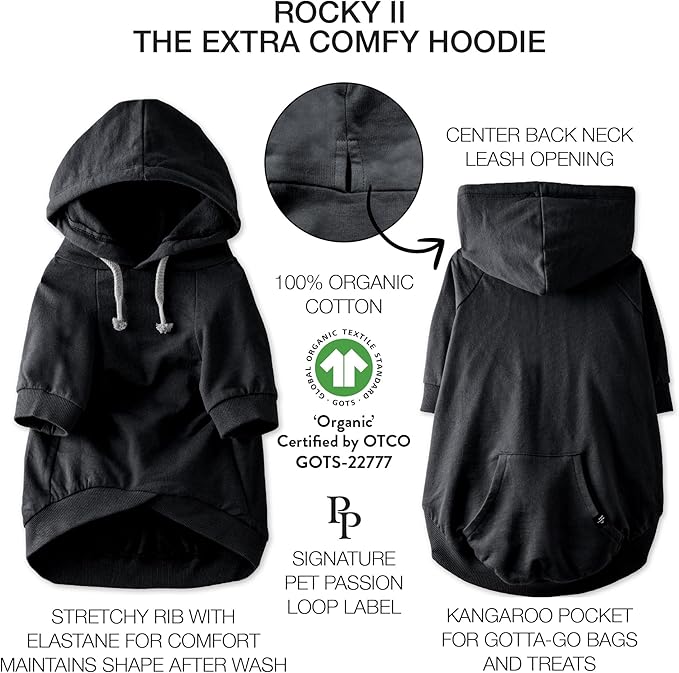 Rocky II - The Extra Comfy Hoodie, Organic Cotton and Recycled Poly Dog Hoodie Pet Coat Sweater for Small, Medium, Large Dogs, Black, XX-Small (4-7 lbs)