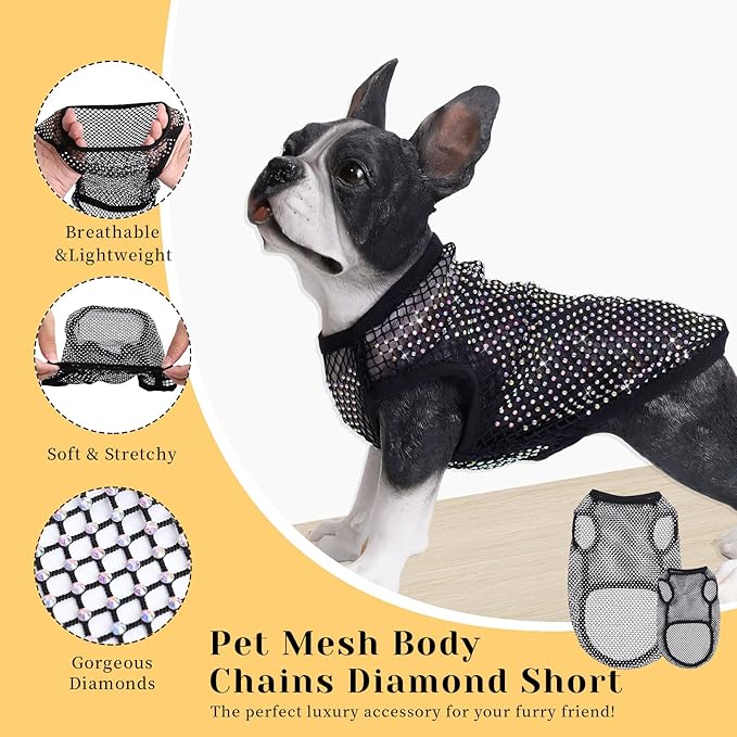 Dog Shirts Clothes,Pet Mesh Body Chains Diamond Short Sleeve Fishnet Crop,Tops Rhinestone See Through Cover up T Shirt Cloth for Large Dogs - XXL