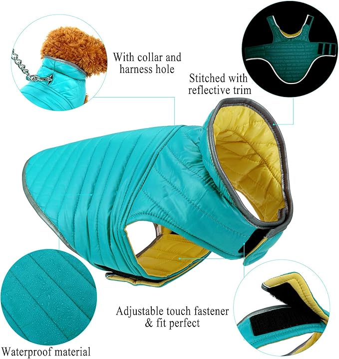 Mogoko Reflective Reversible Dog Winter Coat with Harness/Leash Hole, Waterproof Pet Jacket Warm Vest for Cold Snow Weather (Yellow/Green)