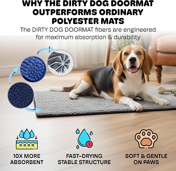 Dog Gone Smart Dirty Dog Doormat - Super Absorbent Polyamide Rug Pulls in Moisture & Dirt - Fast Drying for Clean Floors, Non-Slip, Machine Washable Mat for Muddy Paws - Grey, 31 x 20 Inches