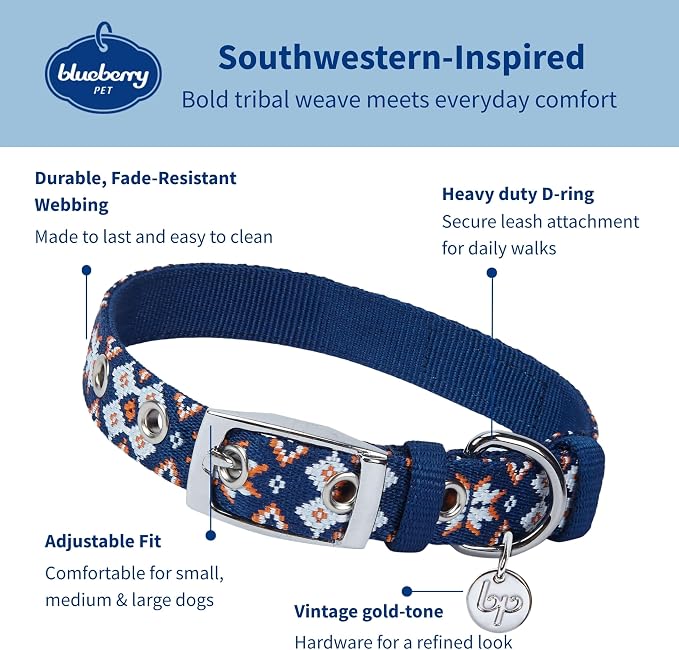 Blueberry Pet Southwestern Modern Tribal Print Navy Braided Adjustable Dog Collar with Metal Buckle, Neck 9-12.5", for Small Breed