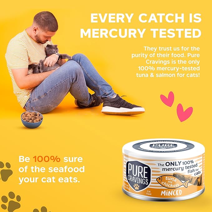 Pure Cravings Minced Tuna and Chicken Wet Canned Cat Food, 100% Mercury-Tested, Moist Can Fish for Cats, Grain-Free, Protein, Non-GMO, 3oz, Pack of 12