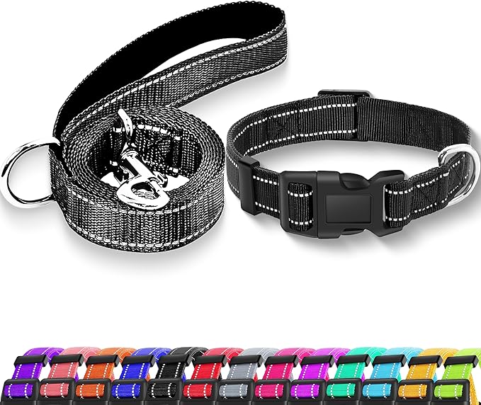 Reflective Dog Collar with Safety Locking Buckle, Adjustable Soft Breathable Nylon Collars for Small, Medium and Large Dogs(Collar+Leash M Black)