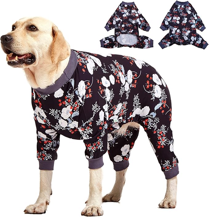 LovinPet Medium/Big Breeds Large Dog Pajamas, Anti Licking, Wound Care/Post Surgery Dogs Pajamas, Lightweight Stretchy Fabric, Beautiful Bouquets Black Print Large Dog Onesies, Pet PJ's /3XL