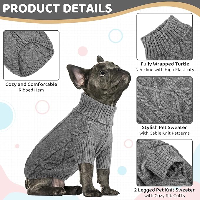 Queenmore Small Dog Pullover Sweater, Cold Weather Cable Knitwear, Classic Turtleneck Thick Warm Clothes for Chihuahua, Bulldog, Dachshund, Pug (Slate Grey, Large)