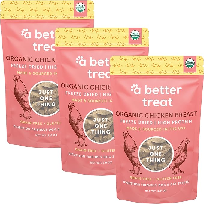 A Better Treat – Organic Freeze Dried Chicken Breast Dog Treats, Organic, Single Ingredient | Natural Healthy High Value | Gluten Free, Grain Free, High Protein, Diabetic Friendly | Made in The USA