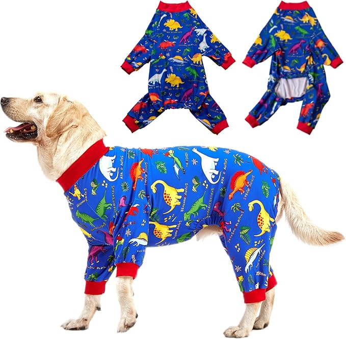 LovinPet Pitbull Large Dog Clothes, Wound Care/Post Surgery Dog Clothes, Lost World Dinosaurs Print, UV Protection, Pet Anxiety Relief, Large Dog Onesies, Pet PJ's/Medium