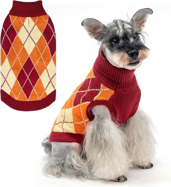 KOOLTAIL Small Dog Sweater, Knit Turtleneck Fall Thanksgiving Dog Sweaters for Medium Large Dogs, Plaid Pullover Cold Weather Knitwear Pet Winter Warm Clothes, Puppy Coat for Girls Boys, Orange M