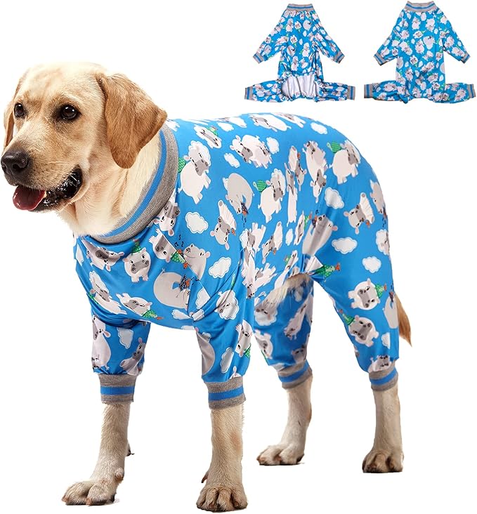 LovinPet Large Dog Clothes/Big Dog Onesie, Slim Fit, Lightweight Pullover/Full Coverage Dog Pjs/Happy Hippo Blue Print/Large Husky Pajamas/Medium