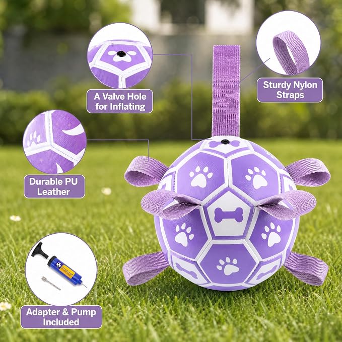 Dog Toys Balls, Dog Soccer Ball with Straps, Dog Birthday Gifts, Durable Balls for Small Medium Pet, Puppy Outdoor Toy, Pet Training Soccer Ball, World Cup Soccer (7.25 Inch) (Purple, Large)