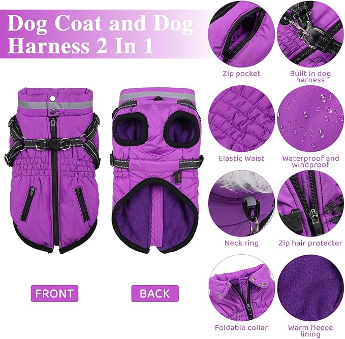 Gyuzh Dog Coat with Harness,Dog Coats for Small Dogs,Warm Fleece Winter Puppy Jacket,Waterproof Jacket with Harness Built in for Small Medium Large Dogs