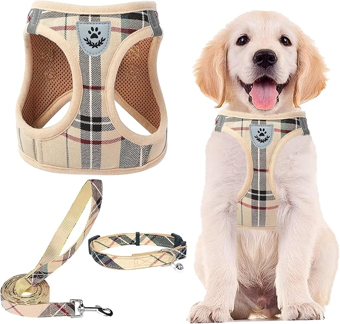 PUPTECK Adjustable Dog Harness Collar and Leash Set Step in No Pull Pet Harness for Small Medium Dogs Puppy and Cats Outdoor Walking Running, Soft Mesh Padded Reflective Vest Harnesses, Beige XS