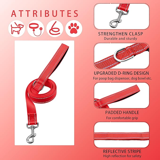 Reflective Dog Collar with Safety Locking Buckle, Adjustable Soft Breathable Nylon Collars for Small, Medium and Large Dogs(Collar+Leash L Red)