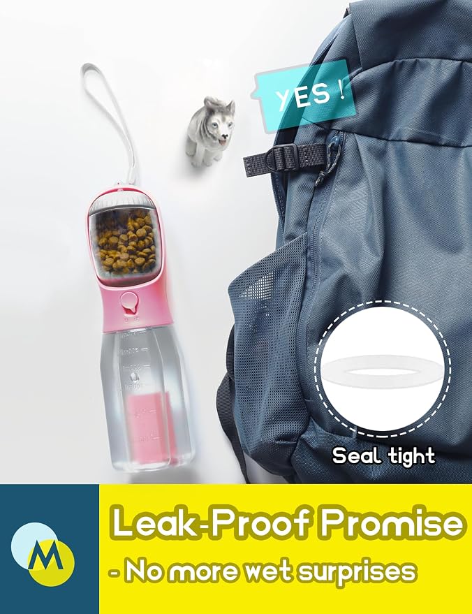 Portable Water Bottle for Small Dogs, 3 in 1 Pet Travel Bowl Dispenser with Food Treat Container & Poop Bag Holder, Summer Hiking Walking Accessories for Puppy On The Go - Pink, 10oz