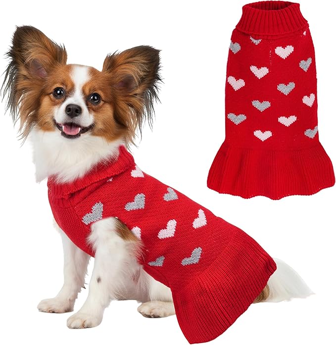 Dog Sweater Dress Heart Red Turtleneck Knit Dress for Small Dogs 9-15 lbs Valentine Winter Pullover with Leash Hole for Wedding Mothers Day Valentine's Day
