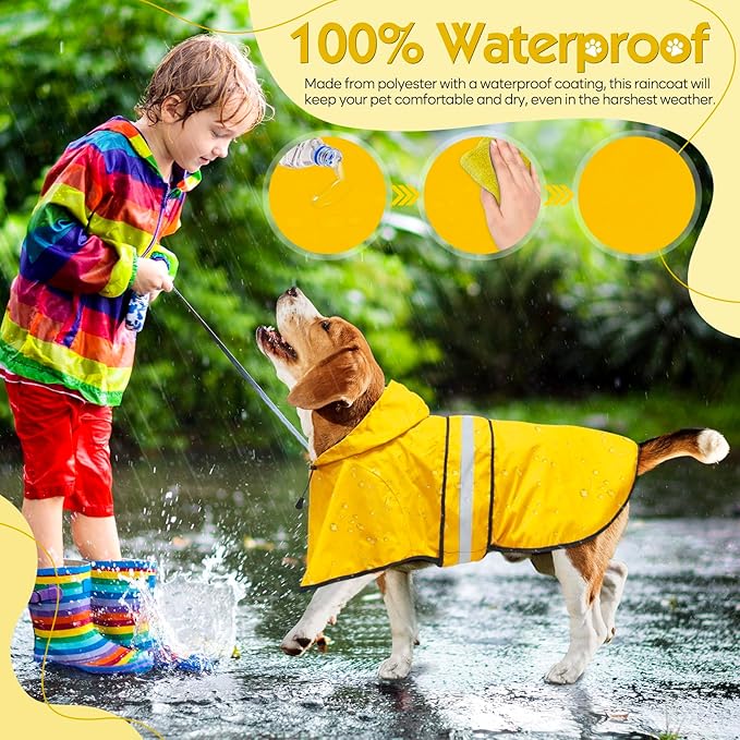 Weesiber Dog Raincoat, Adjustable Waterproof Dog Rain Jacket Poncho with Reflective Strip and Leash Hole, Lightweight Pet Rain Coat for Small to X-Large Dogs (S, Yellow)