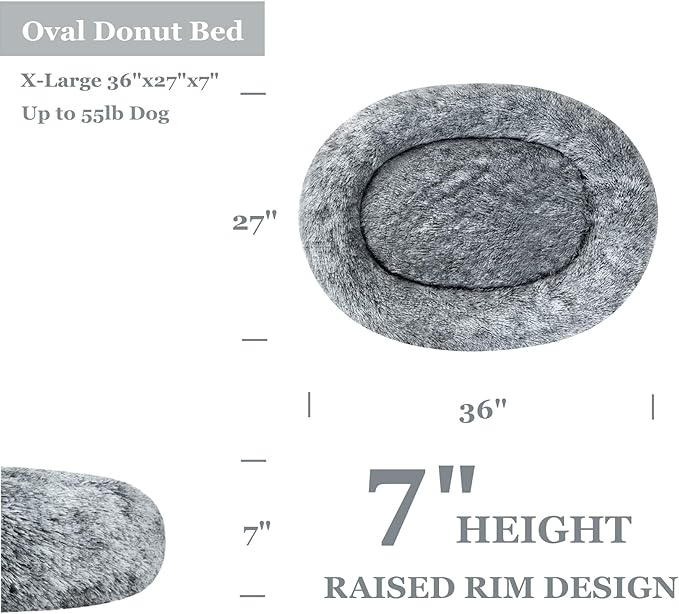 Coohom Oval Calming Donut Cuddler Dog Bed,Shag Faux Fur Cat Bed Washable Round Pillow Pet Bed(30"/36"/43") for Small Medium Dogs (XL(36"x27"x7"), Grey)