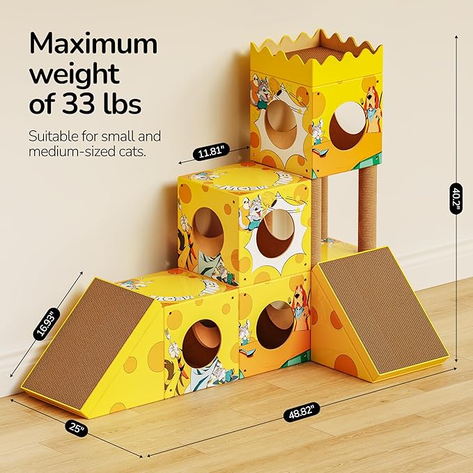 PalNests DIY Cat Tree, Multi-Level Cat Tower with Scratching Posts, Scratching Board, Tunnel & Playhouse for Kittens & Multiple Cats, Recyclable Cardboard, 48.8"×25"×40.2", Yellow Mouse