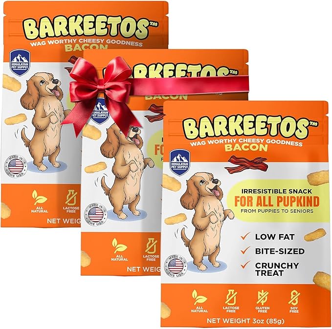 Barkeetos Dog Treats, Crunchy and Cheesy Pet Snacks Made with Real Himalayan Cheese and Bacon, Gluten Free, Grain Free, Lactose Free, Natural Dog Food for All Breeds and Sizes - 3 Pack